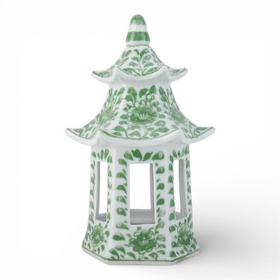 NEW CHINESE ORIENTAL green floral peony PORCELAIN small hex pagoda lantern