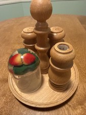 Rare 80s Czech Republic Wooden Salt Pepper Shaker Toothpick Holder Jam Pedestal