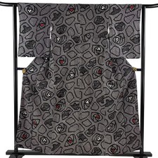 JAPANESE KIMONO FINE PATTERN BLACK GRAY 156.5cm 5 ft 2 in PURE SILK B2977