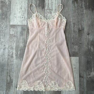 Vintage Hollywood Vassarette Pink Lace Slip Dress Floral Embroidered Sz Small 34