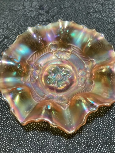VTG Carnival Marigolds Dogwood Apple Blossom Ruffled Rim Bowl Iridescent Glass
