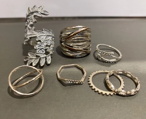 Lot of 7 Vintage Rings Mixed Silver Toned Jewelry 1 Worn Silver Plated