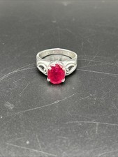 925 Sterling Silver Ring with Lab Created Oval Cut Ruby Solitaire Size 9.75