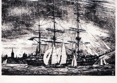 Estonia Tallinn Evald Okas Art Lithograph of Sailing Ships in Roadstead #PBW353