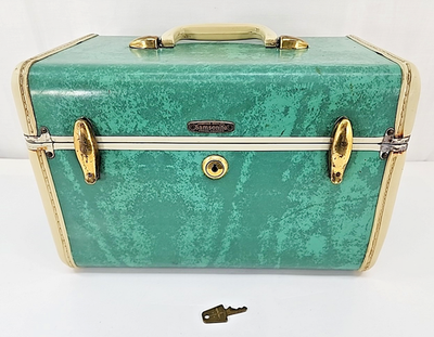Vintage Samsonite Train Case Marbled Green, Tan Interior w/ Mirror