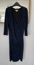 Monsoon Teal and Navy Wrap Silky Stretch Lined Dress with 3/4 Sleeve Size 8