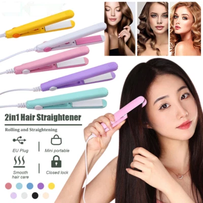 2 in 1 Ceramic Mini Hair Curler Portable Straightener Tourmaline Iron Heating UK