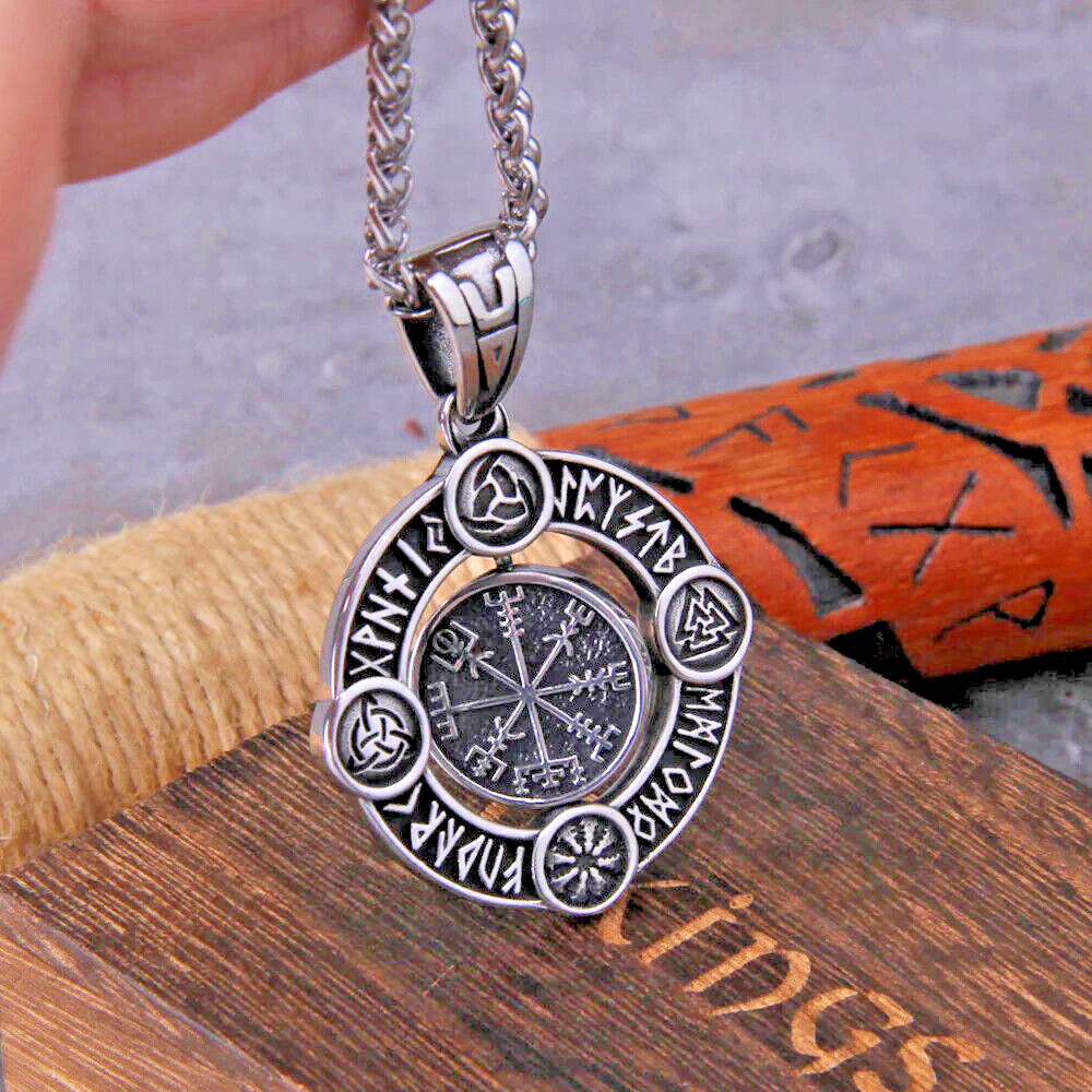 Viking Pendant Necklace Rotating Stainless Steel Rune Rotatable Compass ...