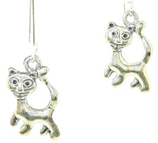 New Grinning Kitty Cheshire CAT Silver-tone Drop Dangle Earrings 1-5/8" Long
