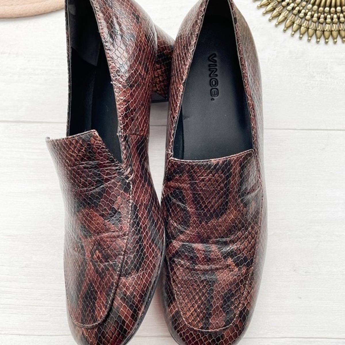 VINCE Fauna Snakeskin Print Venetian Loafers Leather BROWN  display picture 1
