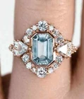 Art Deco Style 3.10 Ct Emerald Cut Aquamarine & Diamond Wedding 14K Gold FN Ring