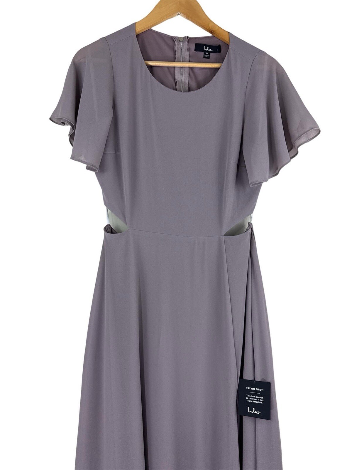 Lulus Garden Bliss Dusty Lavender Cutout Maxi Dress Short Sleeves Chiffon Sz M