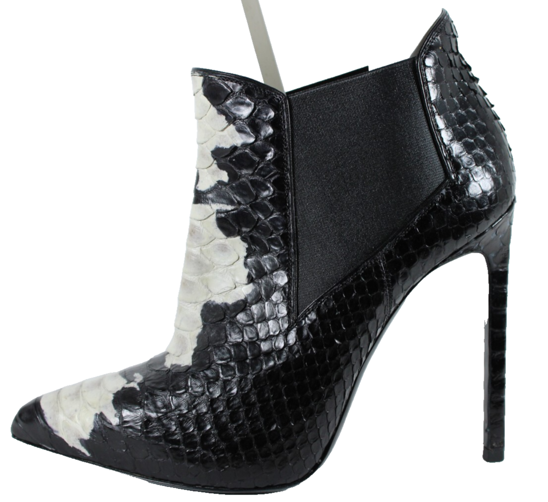 Stivaletti SAINT LAURENT tacco alto a punta pelle di pitone bianco e nero 37 5