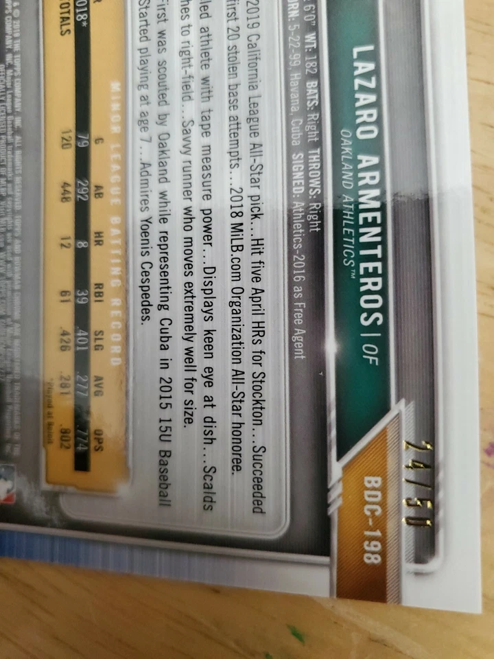 2019 Bowman Draft Lazaro Armenteros Sapphire Green Parallel /50 & Base - Image 3 of 4