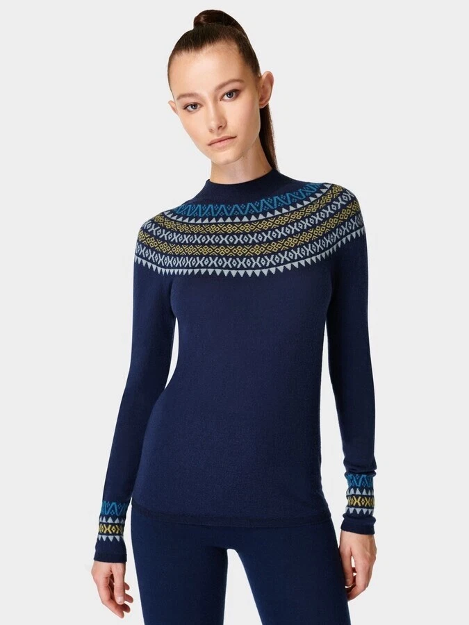 BNWT XS Sweaty Betty Womens Navy Fairisle 100% Merino Wool Base Layer Sweater