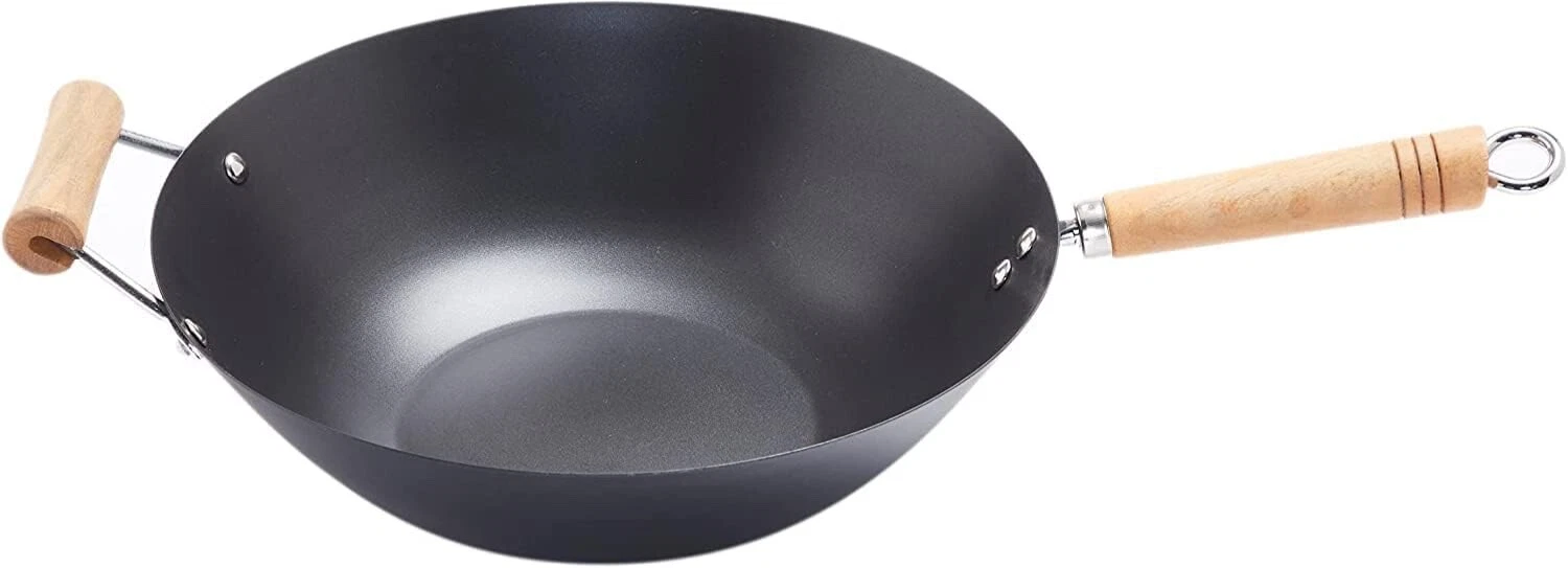 Large 35cm Non Stick Carbon Steel Chinese Stir Fry Deep Wok Karahi Saucepan Pan