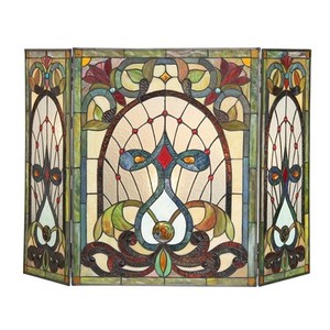 Fireplace Screen Tiffany Style Stained Glass 3 Section Victorian