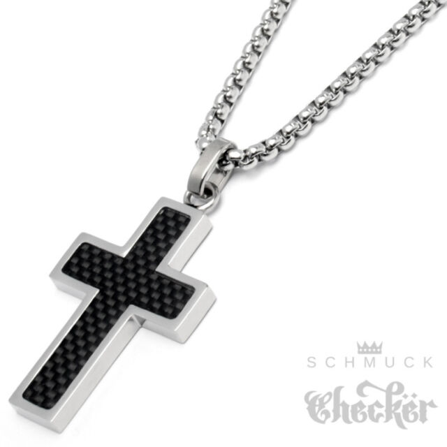 Kreuz Anhänger aus Edelstahl & Carbon silber schwarz Halskette Herren Geschenk