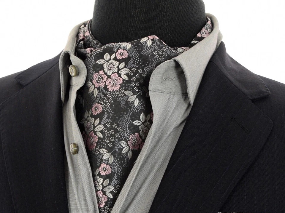 Mens Ascot Cravat Tie Floral Silk Formal Scarf Wedding Black Pink Grey Silver Foto 2 de 4