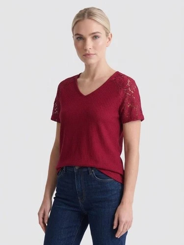Waffle Knit Lace Sleeve V-Neck T-Shirt Size L Red - product listing photo