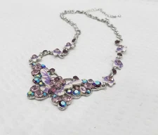 Lavender & Purple AB-Coated Crystal Silver Tone Butterfly Bib Choker Necklace