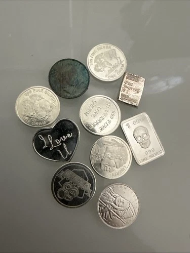 LOT of 10 x 1 Gram Silver Rounds  .999 Fine ~ Fractional Mix - Unique Designs!