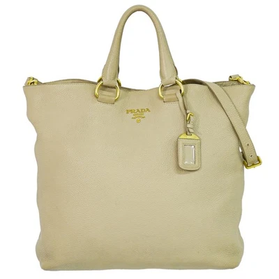 Sac à main fourre-tout bandoulière 2 voies en cuir PRADA beige or - Photo 1/4