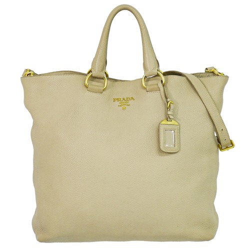PRADA Leather 2way Shoulder Tote Handbag Beige Gold