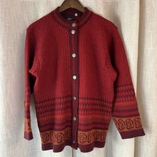 Vtg Fosse Norwegian Womens Red Button Cardigan L Wool Fair Isle Scandinavian Ski