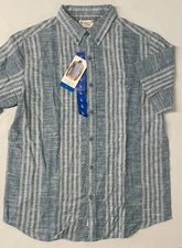 Weatherproof Vintage Mens Linen Short Sleeve Woven Shirt BLUE Button Down LARGE