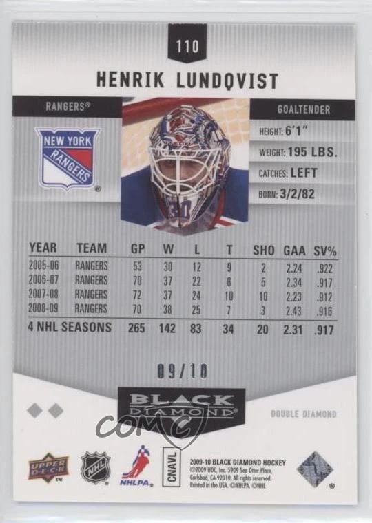 2009-10 Upper Deck Black Diamond Gold /10 Henrik Lundqvist #110 HOF - Image 2 of 2