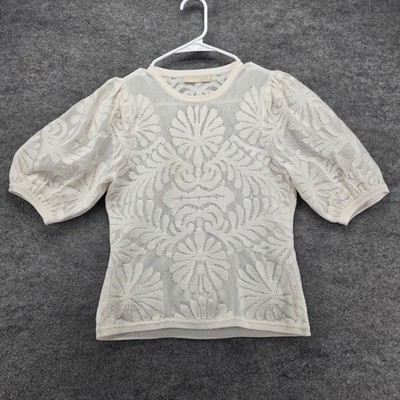 Ulla Johnson Sweater Womens Small White Sheer Knit Puff Sleeve Lace Top Crewneck