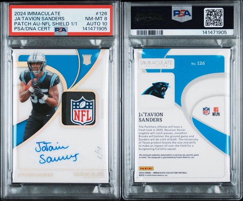 2024 IMMACULATE JA'TAVION SANDERS NFL SHIELD 1/1 ROOKIE PATCH AUTO PSA 8 AUTO 10