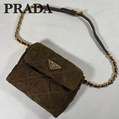 Prada Khaki Quilted Chain Mini Shoulder Bag Nylon Triangle Logo Authentic