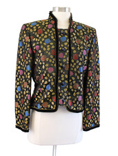 Doncaster Black Floral Embroidered Ruffle Velvet Trim Mandarin Collar Jacket 8