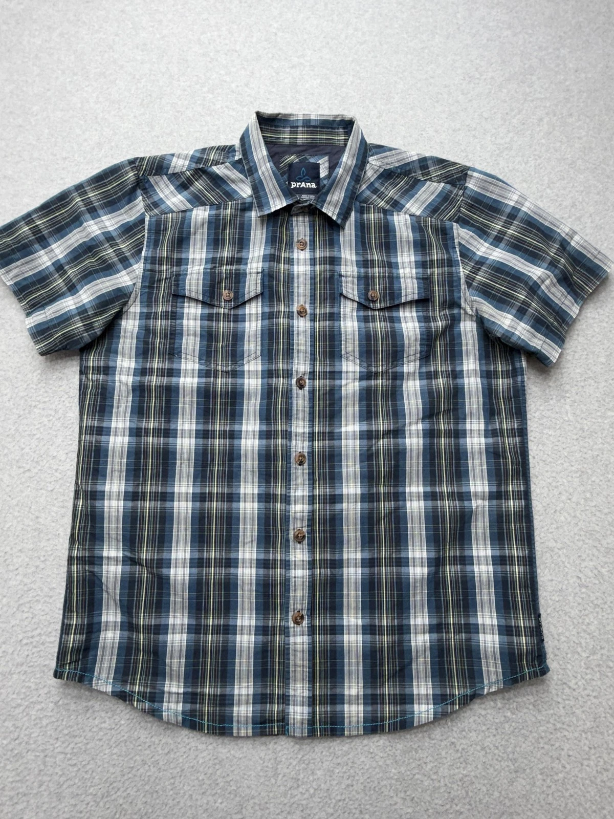 PrAna Shirt Mens Large Blue Plaid Short Sleeve Button Hiking Casual Summer