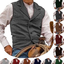 Mens Tweed Wool Waistcoat V-Neck Lapel Suit Vest Vintage Winter Thick Fashion