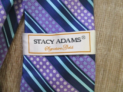 Stacy Adams Tie Pocket Square Champagne Purple Blue Turquoise striped dots NWT - Picture 2 of 4