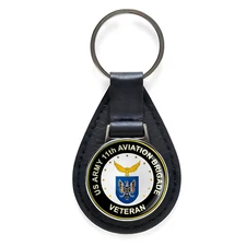 US Army 11th Aviation Brigade Veteran Black Leather Keychain Silver Keyring