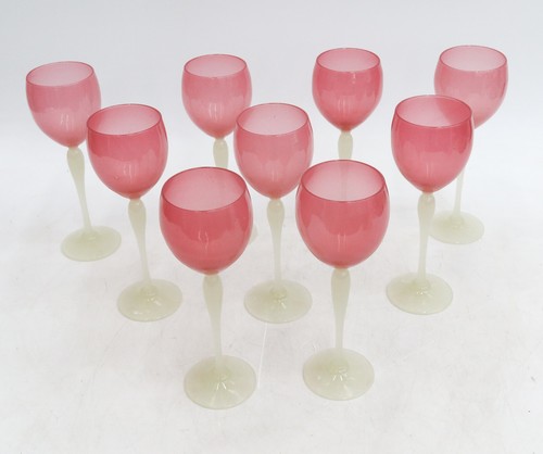 9 Stevens and Williams Rosaline Pink Alabaster White Stem Wine Glasses c1910 - Picture 3 of 4