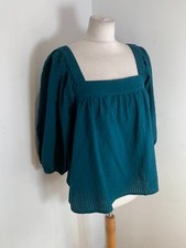 By IRIS smock top M VGC blouse dark teal green textured cotton puff sleeve