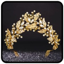Gold Leaf Crown and Tiara Rhinestone Crown Headpiece Beaded Bridal Headband W...