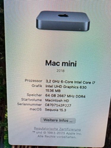 Mac mini,8,1 Intel 3,2 GHz i7 + 256 GB SSD 64 GB RAM +Tastatur, 2018 Wie Neu - Bild 2 von 9