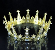 Mid-Size Queen Gold Metal Round Crown Rhinestone Crystal Faux Pearl C700