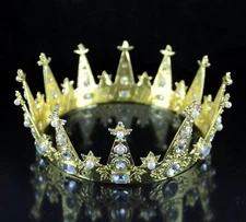 Mid-Size Queen Gold Metal Round Crown Rhinestone Crystal Faux Pearl C700
