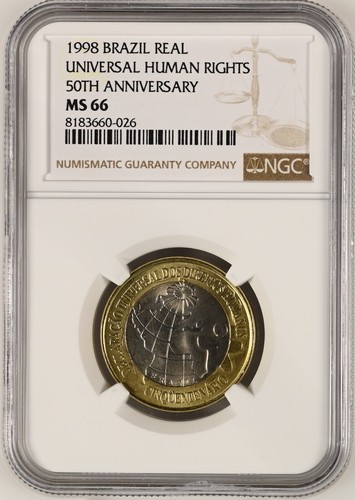 BRAZIL 1 Real 1998 Bi-metallic NGC MS66 50th Anniversary Universal Human Rights