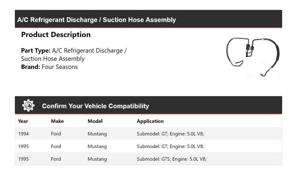 Conjunto de manguera de succión/descarga de refrigerante de aire acondicionado para Ford Mustang 1994-95 4 estaciones Foto 2 de 4