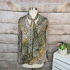 Bar III Animal Print Blouse Olive Green Yellow Abstract Pattern Size M