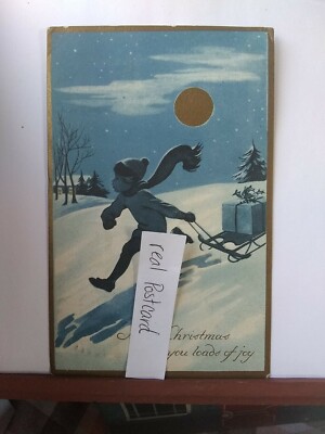 May Christmas Bring you loads of Joy. Gold moon. Boy with sled. Gibson Art.(G6) 