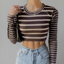 Urban Outfitters Women's BDG Brown & Cream Striped Cropped Top Long Sleeve M